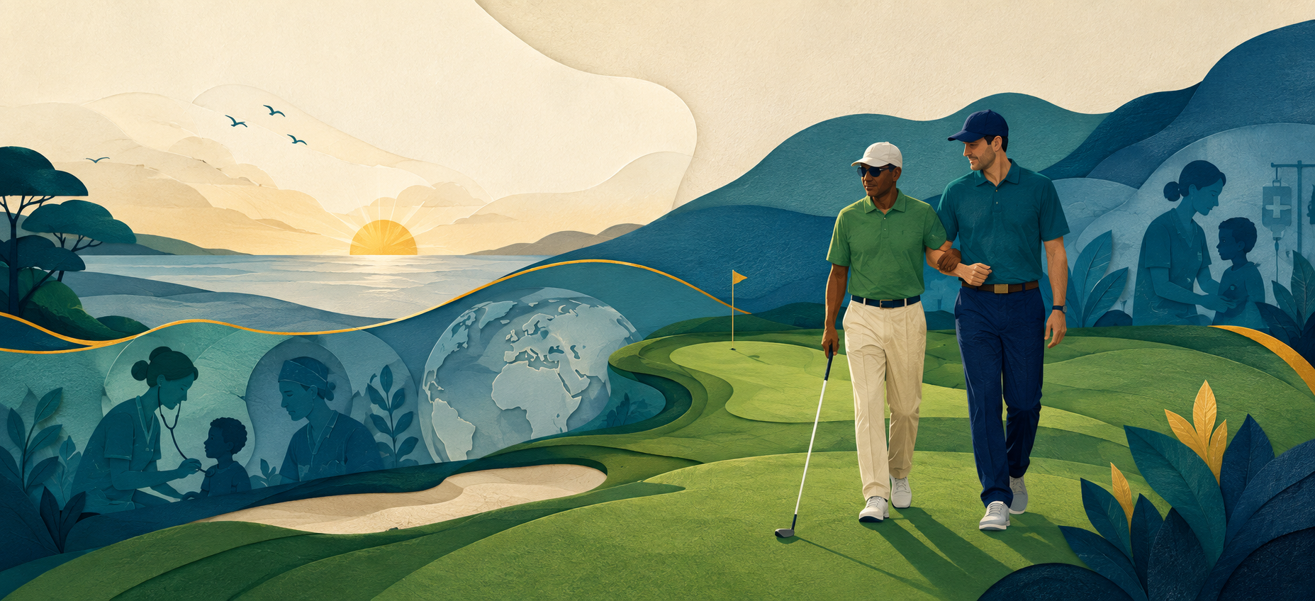 Eyes on Impact artwork bringing together two golfers and scenes of healthcare.